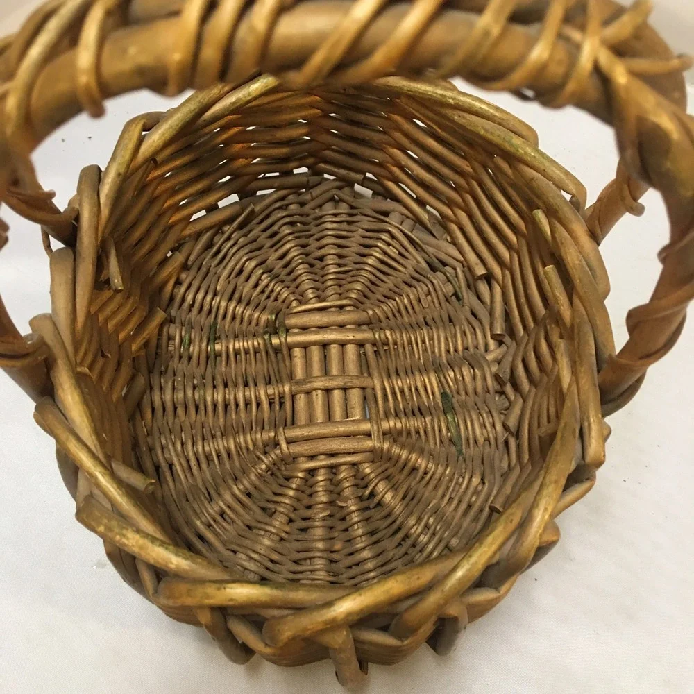 Woven Wicker Basket Small Gold Brown Rustic Double Handle Decor Cottagecore